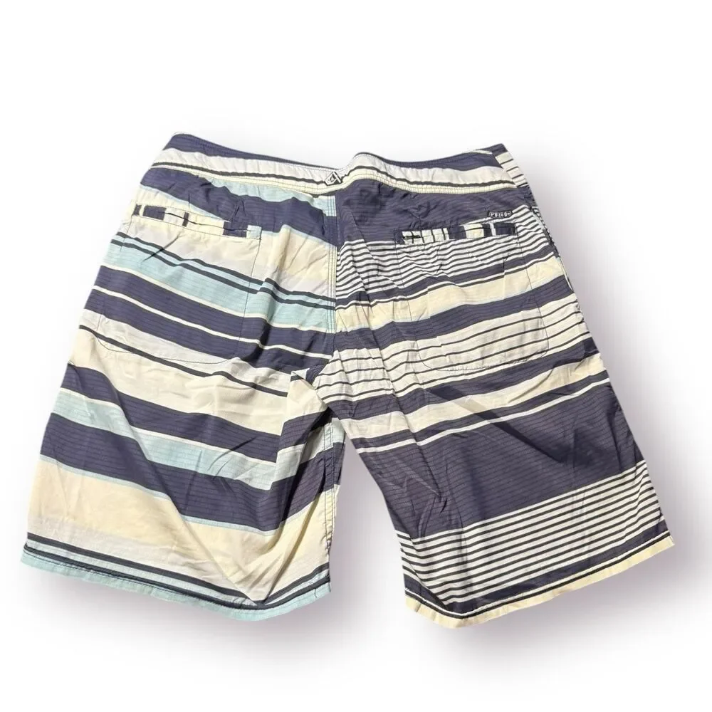 Volcom White Blue‎ Striped Board Shorts Size 32
